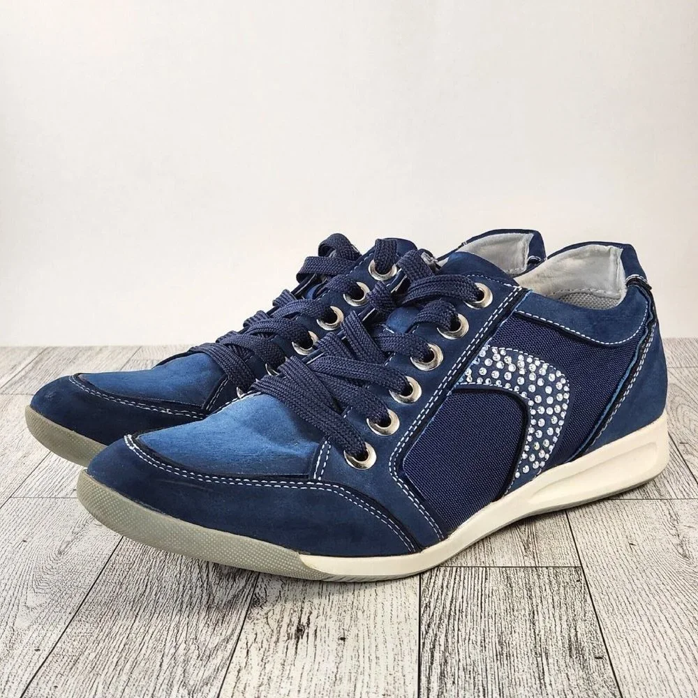 MYSTIKARMA Womens Casual Shoes Size 5-5.5 (36) Blue Leather/Canvas w/Rhinestones